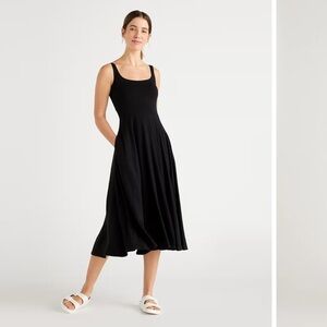 Quince Tencel Jersey Fit & Flare Black Sleeveless Dress